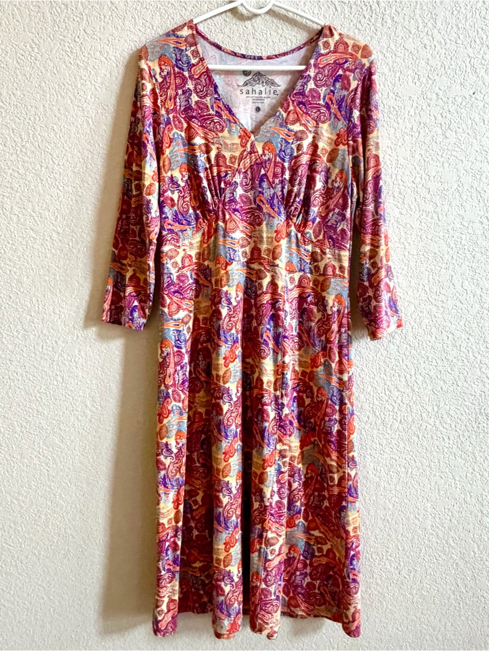 Sahalie Paisley Modal Cotton Fit & Flare Midi Dress Boho Travel Sz Large Pink